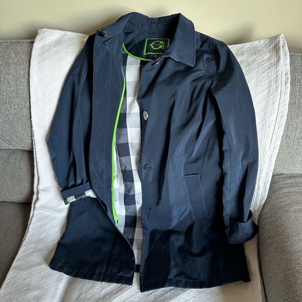 C Wonder Navy Blue Trench Coat with Neon Green Piping